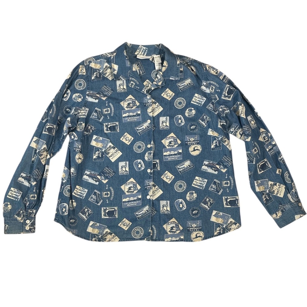 VTG 90s Lizwear Denim Postage Stamp Western Button Down Shirt‎
